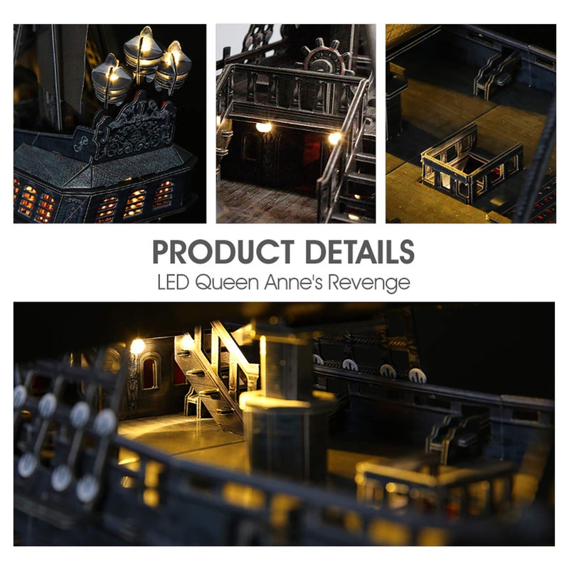 CubicFun 3D Puzzles for Adults - Led Pirate Ship Queen Anne's Revenge - Large 27'' Sailboat Puzzles - Desk Decor, Anniversary, Christmas Easter Teacher Appreciation Gifts - Image 4