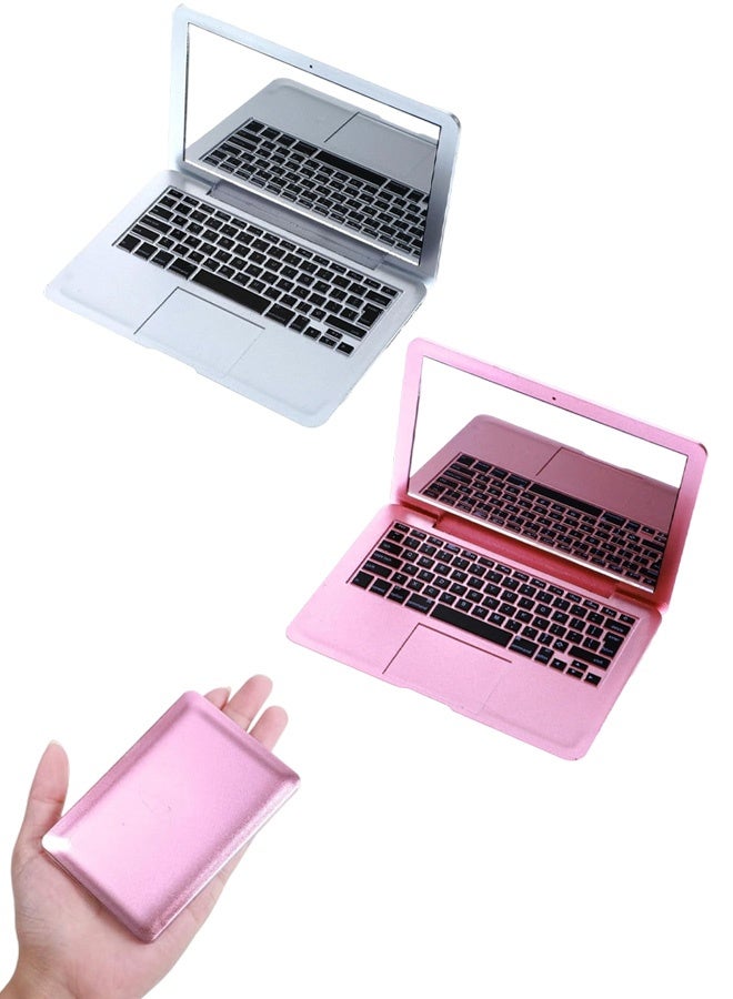 2 جهاز كمبيوتر شخصي ميني لعبة جيب مرآة، مرآة صغيرة المدمجة، قطة الكمبيوتر المحمول على شكل مرايا، مرآة الكمبيوتر المزيفة قابلة للطي المحمولة لحفظة السفر المكياج المنزلي ديكور الدمية الحيوانات الأليفة (الفضة والوردي) - Image 1