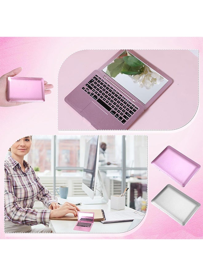 2 جهاز كمبيوتر شخصي ميني لعبة جيب مرآة، مرآة صغيرة المدمجة، قطة الكمبيوتر المحمول على شكل مرايا، مرآة الكمبيوتر المزيفة قابلة للطي المحمولة لحفظة السفر المكياج المنزلي ديكور الدمية الحيوانات الأليفة (الفضة والوردي) - Image 4