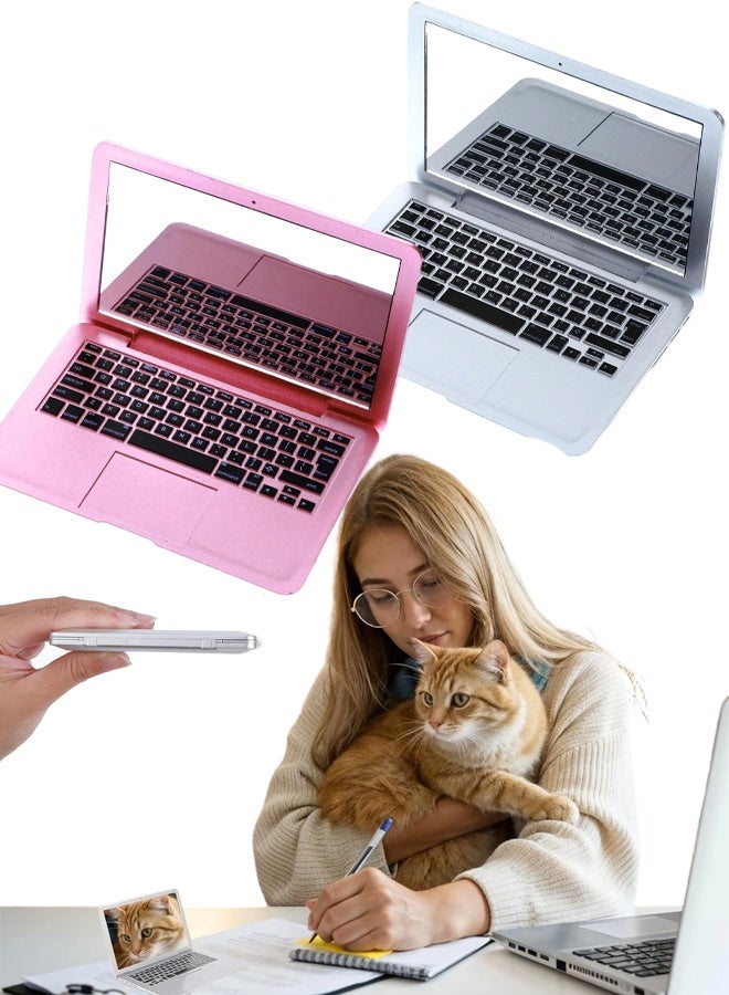 2 Pcs Mini Toy Pocket Mirror, Small Compact Mirror, Cat Laptop Shaped Mirrors, Portable Folding Fake Computer Mirrors for Purse Travel Home Makeup Pet Dollhouse Decoration (Silver, Pink) - Image 1