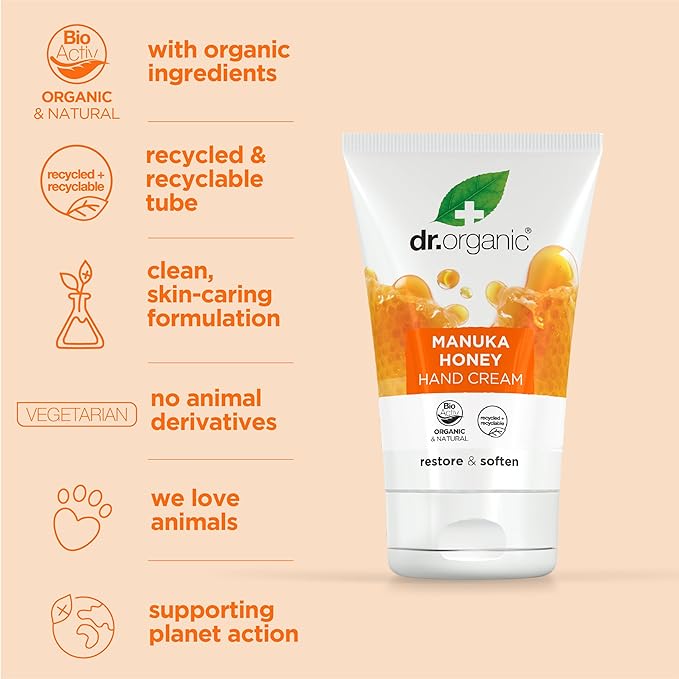 dr.organic Dr Organic Manuka Honey Hand Cream Moisturising Dry Skin Mens Womens Natural Vegetarian CrueltyFree Paraben SLSFree Recycled Recyclable Organic 125ml Packaging may vary - Image 4