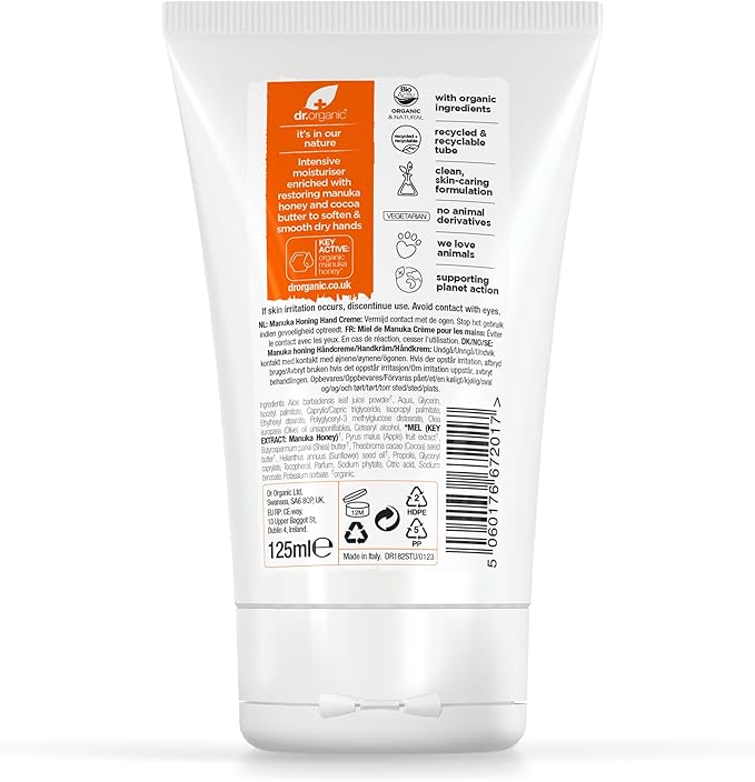dr.organic Dr Organic Manuka Honey Hand Cream Moisturising Dry Skin Mens Womens Natural Vegetarian CrueltyFree Paraben SLSFree Recycled Recyclable Organic 125ml Packaging may vary - Image 2
