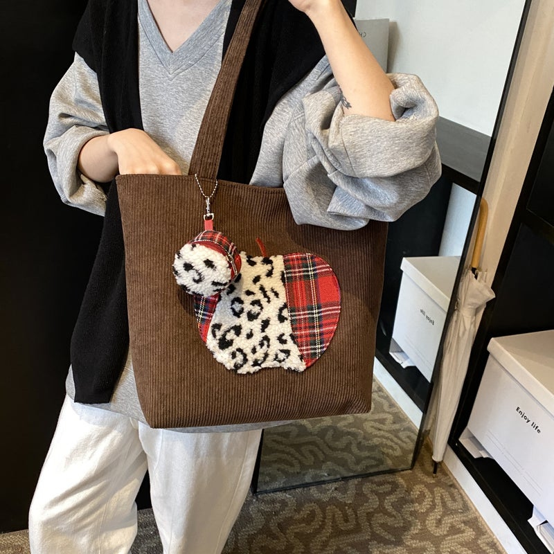 Cute Retro Apple Shoulder Bag Corduroy Large Capacity Tote Door With Coin Purse New Korean Casual Shopping Bag - Image 3