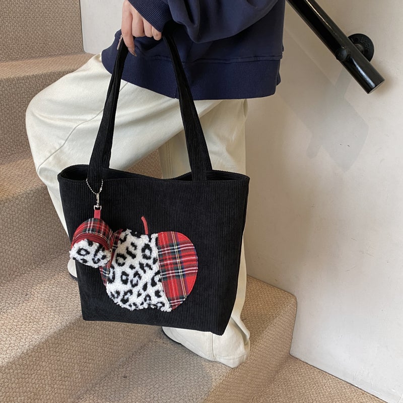 Cute Retro Apple Shoulder Bag Corduroy Large Capacity Tote Door With Coin Purse New Korean Casual Shopping Bag - Image 5
