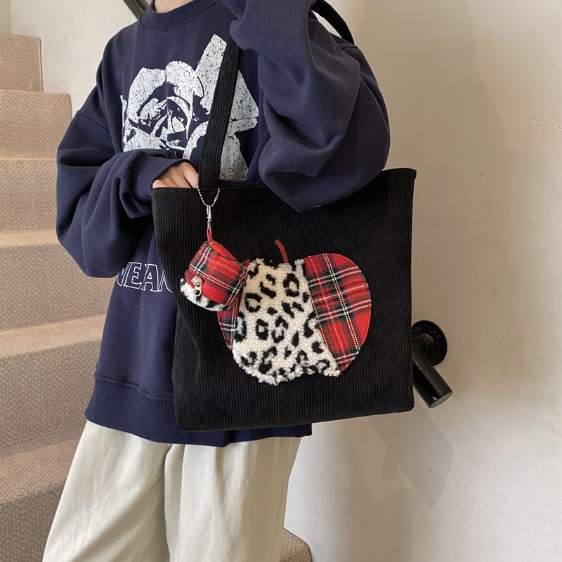 Cute Retro Apple Shoulder Bag Corduroy Large Capacity Tote Door With Coin Purse New Korean Casual Shopping Bag - Image 2