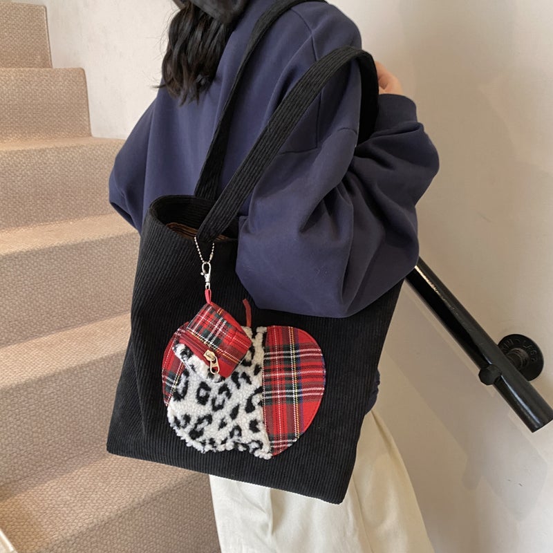 Cute Retro Apple Shoulder Bag Corduroy Large Capacity Tote Door With Coin Purse New Korean Casual Shopping Bag - Image 4