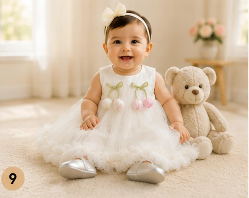 أرتيميا Artemea Baby Girls Pom Pom Embellished Layered Mesh Party Dress - Off White