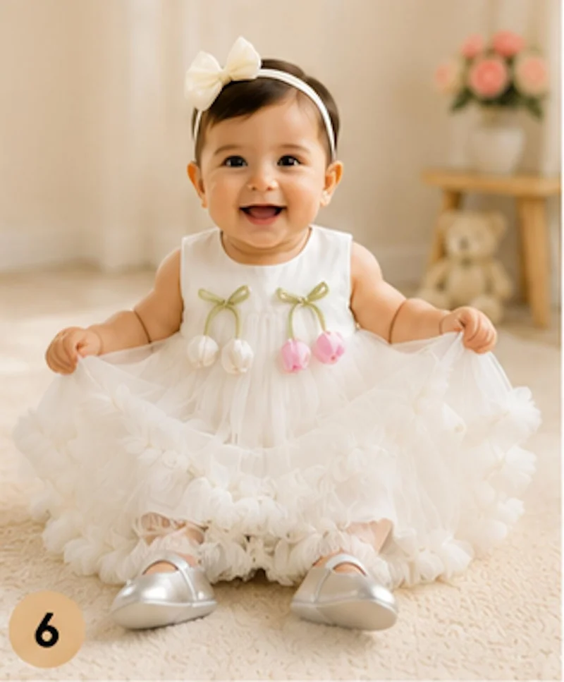أرتيميا Artemea Baby Girls Pom Pom Embellished Layered Mesh Party Dress - Off White