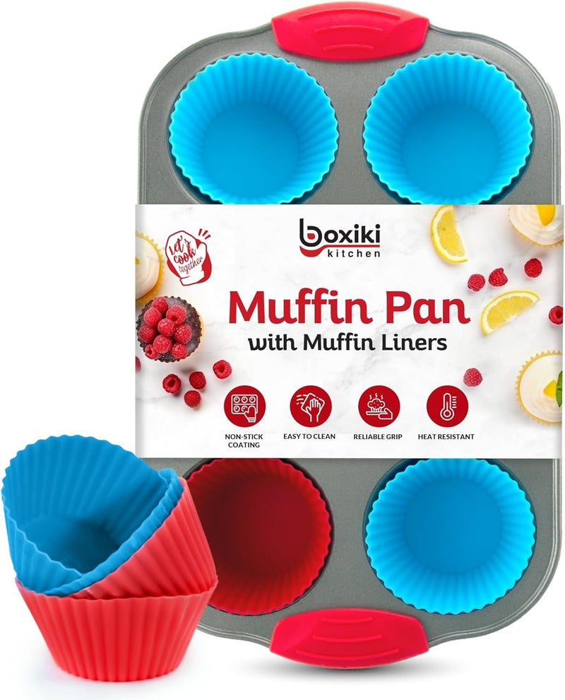 Boxiki Kitchen Non-Stick Steel 6 Cup Muffin Pan with Silicone Handles and Reusable Liners - Perfect for Baking Large Muffins and Cupcakes - Image 1
