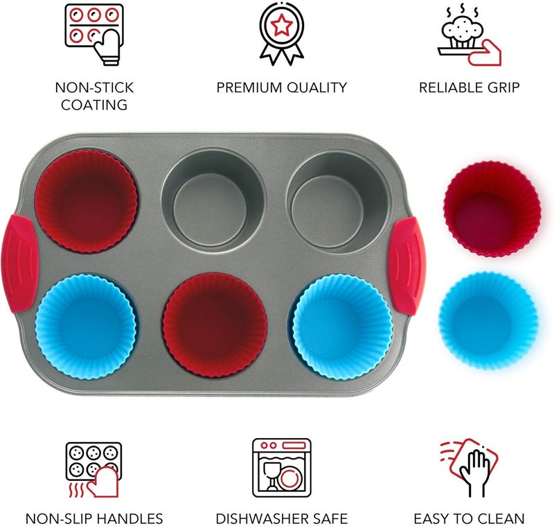 Boxiki Kitchen Non-Stick Steel 6 Cup Muffin Pan with Silicone Handles and Reusable Liners - Perfect for Baking Large Muffins and Cupcakes - Image 4