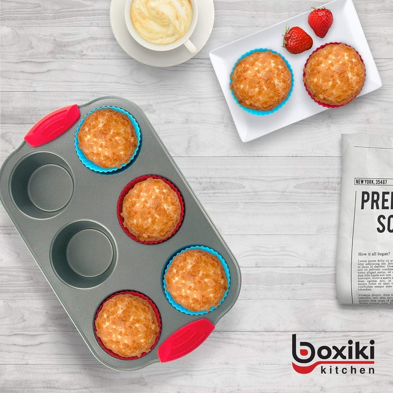 Boxiki Kitchen Non-Stick Steel 6 Cup Muffin Pan with Silicone Handles and Reusable Liners - Perfect for Baking Large Muffins and Cupcakes - Image 5