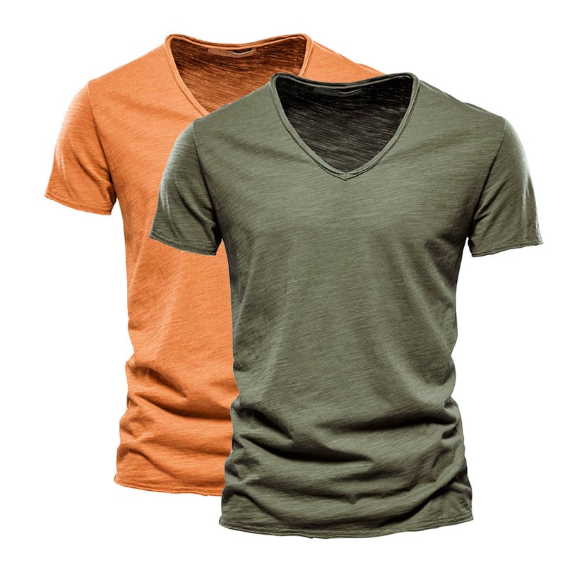 2 حزمة الرجال اللون الصلب Slub القطن V-Neck قصيرة الأكمام تي شيرتز، القطن النقي والأسلوب ملابس الرجال، نفس الأسلوب العلامة التجارية العصرية، رطوبة-Wicking والعرق-Wicking - Image 1