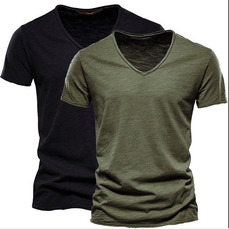 2 حزمة الرجال اللون الصلب Slub القطن V-Neck قصيرة الأكمام تي شيرتز، القطن النقي والأسلوب ملابس الرجال، نفس الأسلوب العلامة التجارية العصرية، رطوبة-Wicking والعرق-Wicking - Image 4