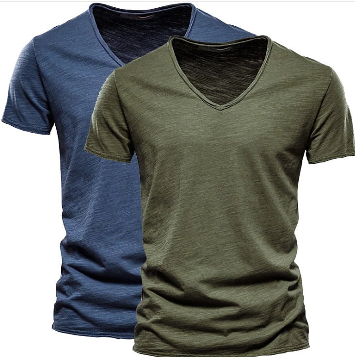 2 حزمة الرجال اللون الصلب Slub القطن V-Neck قصيرة الأكمام تي شيرتز، القطن النقي والأسلوب ملابس الرجال، نفس الأسلوب العلامة التجارية العصرية، رطوبة-Wicking والعرق-Wicking - Image 5