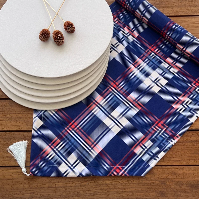 ديسينازمير Pattern Izmir Denizimir Placemat Navy Blue Plaid Pattern Set 6 Charger Plate and Runner Cover Set 2