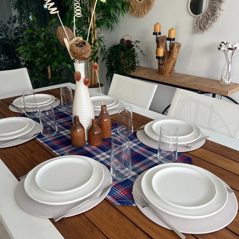 ديسينازمير Pattern Izmir Denizimir Placemat Navy Blue Plaid Pattern Set 6 Charger Plate and Runner Cover Set 2