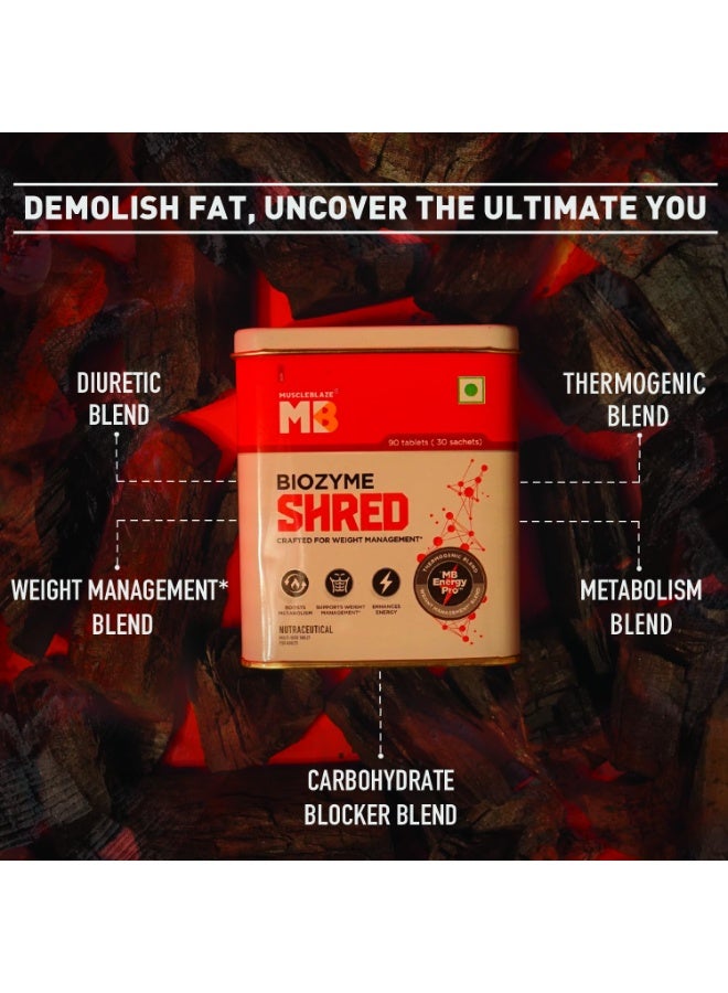مسل بلايز MuscleBlaze Biozyme Shred، 90 قرصاً، مع مزيج من المكونات المولدة للحرارة (Thermogenic) ومعززات التمثيل الغذائي ومكونات إدارة الوزن وحاصرات الكربوهيدرات ومدرات البول، بالإضافة إلى MB Energy Pro | يدعم إدارة الوزن ويعزز عملية التمثيل الغذائي. - Image 3