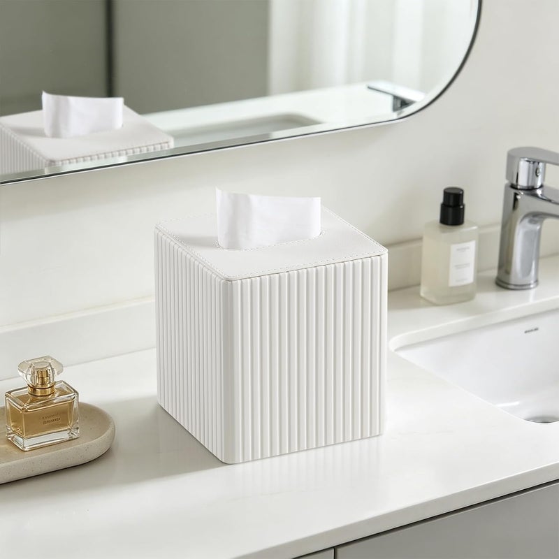 MEIBOOCH PU Leather Tissue Box Cover Square Tissue Box Holder with Magnetic Closure (Ivory Stripe) - Image 2
