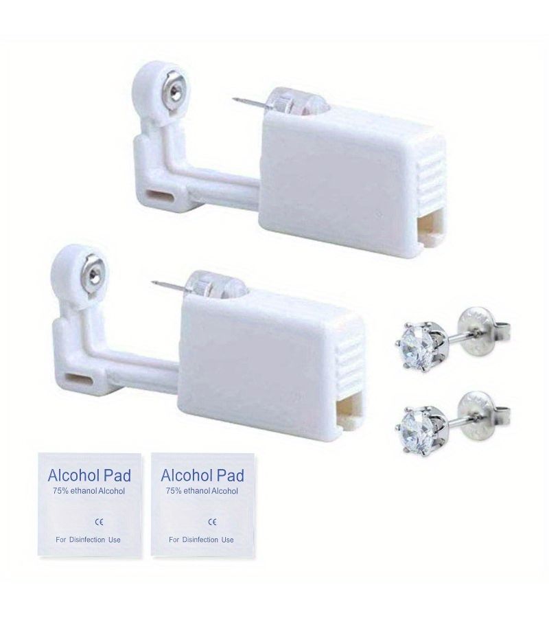 White Disposable Ear Piercing Kit With Pre Installed Earrings Quick Painless Ear Gun Tool Set Safety Earrings And Alcohol Pads Fragrance Free Battery Free Facial Accessories - Image 2