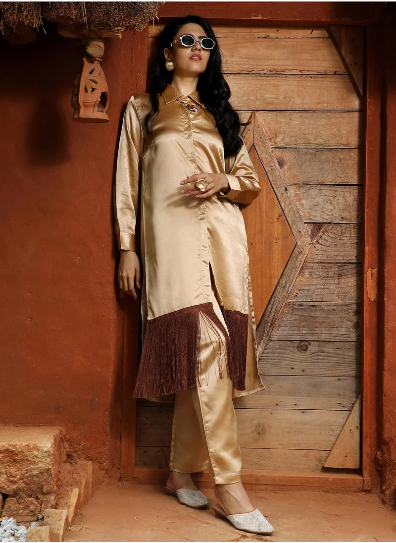  قصة Women's Tan Brown Fringed Block Kurta With Trousers