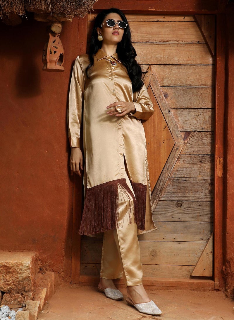  قصة Women's Tan Brown Fringed Block Kurta With Trousers  - Image 2
