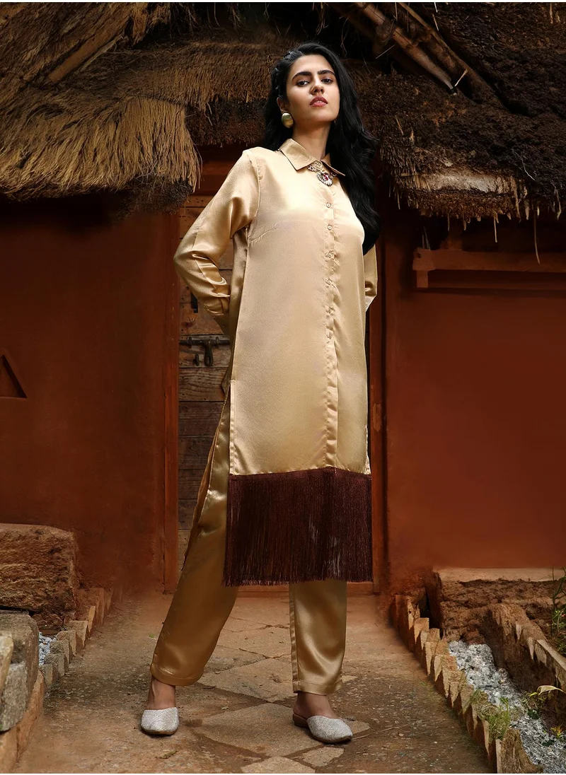 QISSA Women's Tan Brown Fringed Block Kurta With Trousers