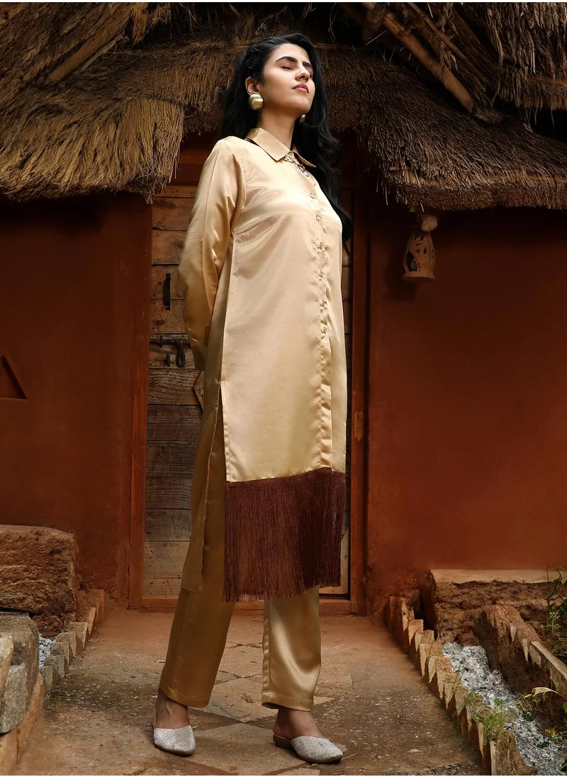 QISSA Women's Tan Brown Fringed Block Kurta With Trousers