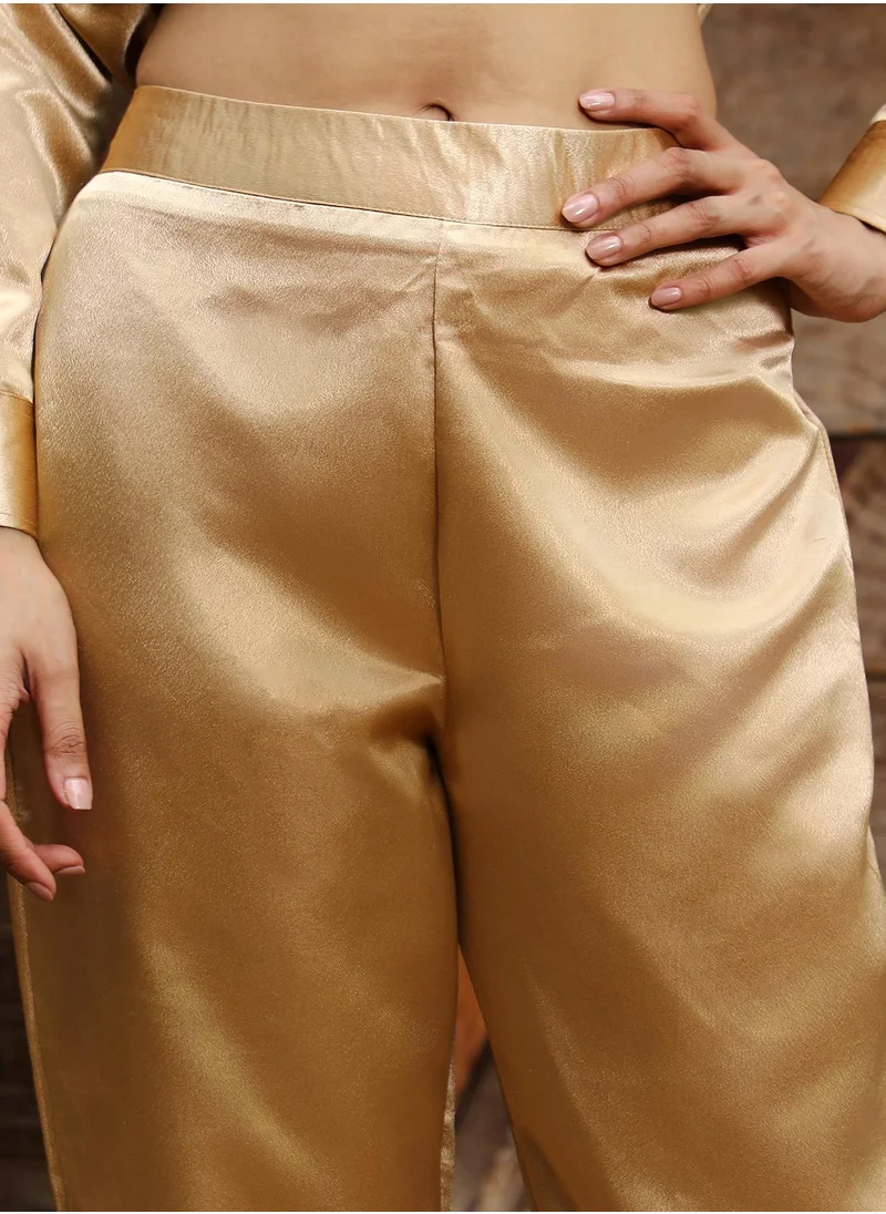 QISSA Women's Tan Brown Fringed Block Kurta With Trousers