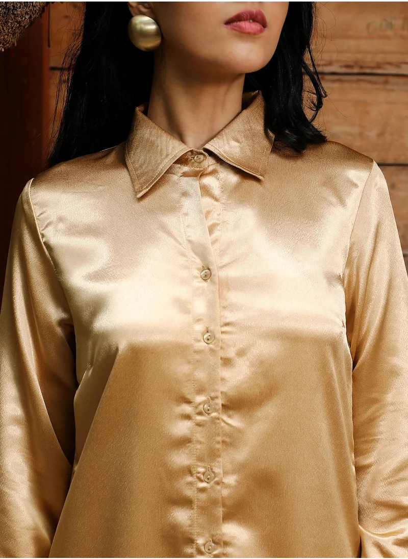QISSA Women's Tan Brown Fringed Block Kurta With Trousers