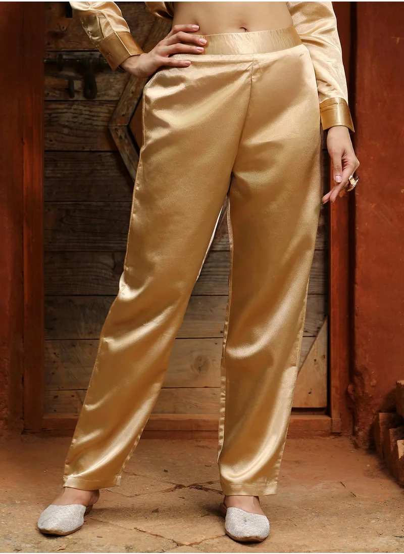 QISSA Women's Tan Brown Fringed Block Kurta With Trousers