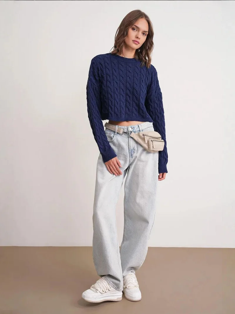 MixRay Mixray Cable Knit Pattern Crew Neck Sweater