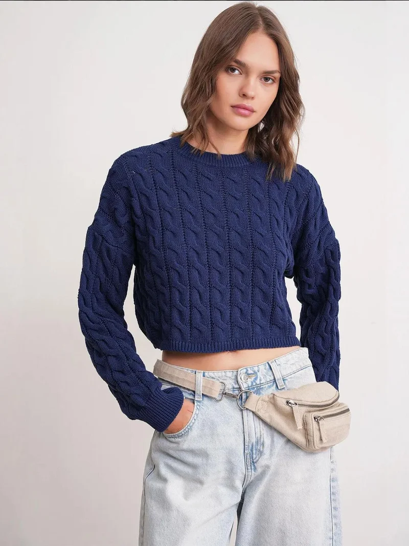 MixRay Mixray Cable Knit Pattern Crew Neck Sweater