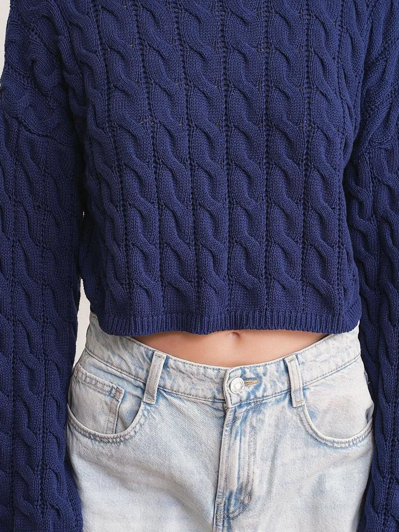 Mixray Navy Blue Mixray Cable Knit Pattern Crew Neck Sweater for Women | Best Price UAE