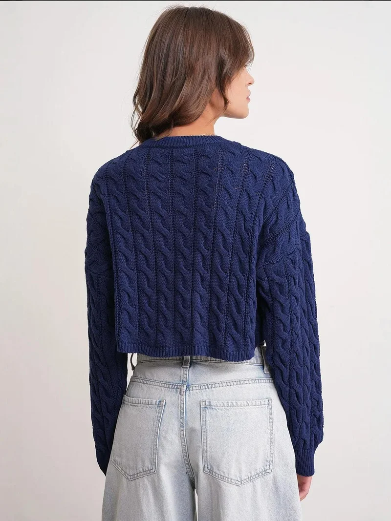 Mixray Navy Blue Mixray Cable Knit Pattern Crew Neck Sweater for Women | Best Price UAE