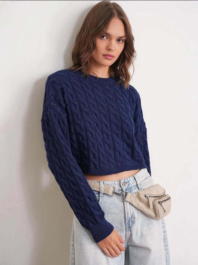Mixray Navy Blue Mixray Cable Knit Pattern Crew Neck Sweater for Women | Best Price UAE
