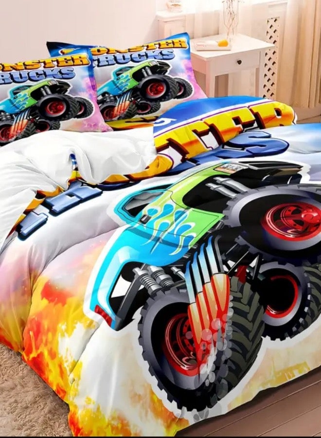 LUNA Home Single size, 4-piece duvet cover set in white,a colorful car design.  - Image 1