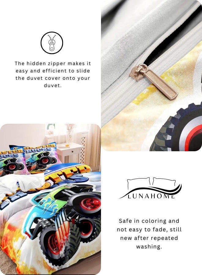 LUNA Home Single size, 4-piece duvet cover set in white,a colorful car design.  - Image 5