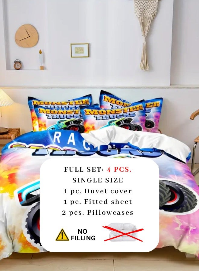 LUNA Home Single size, 4-piece duvet cover set in white,a colorful car design.  - Image 2