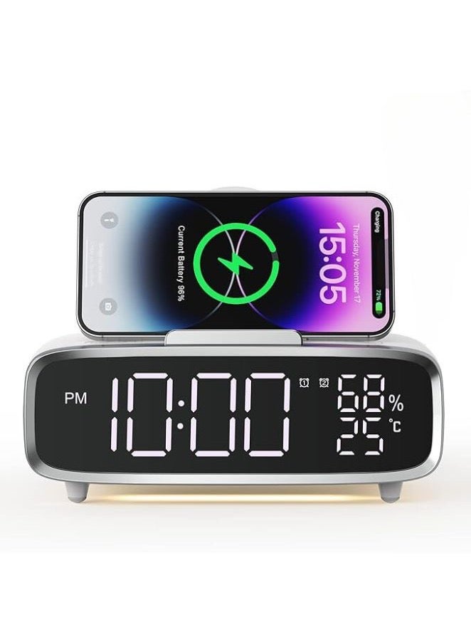 6 IN 1 Alarm Clock with USB Charging Port, Wireless Charging Station, Night Light Bluetooth Speaker, 3 Levels Brightness Digital Clock with Temperature, 12/24Hr, Snooze Alarm Clock for Bedroom  - Image 1