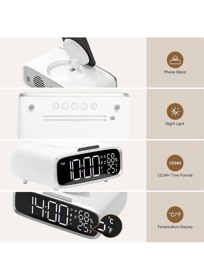 6 IN 1 Alarm Clock with USB Charging Port, Wireless Charging Station, Night Light Bluetooth Speaker, 3 Levels Brightness Digital Clock with Temperature, 12/24Hr, Snooze Alarm Clock for Bedroom  - Image 4