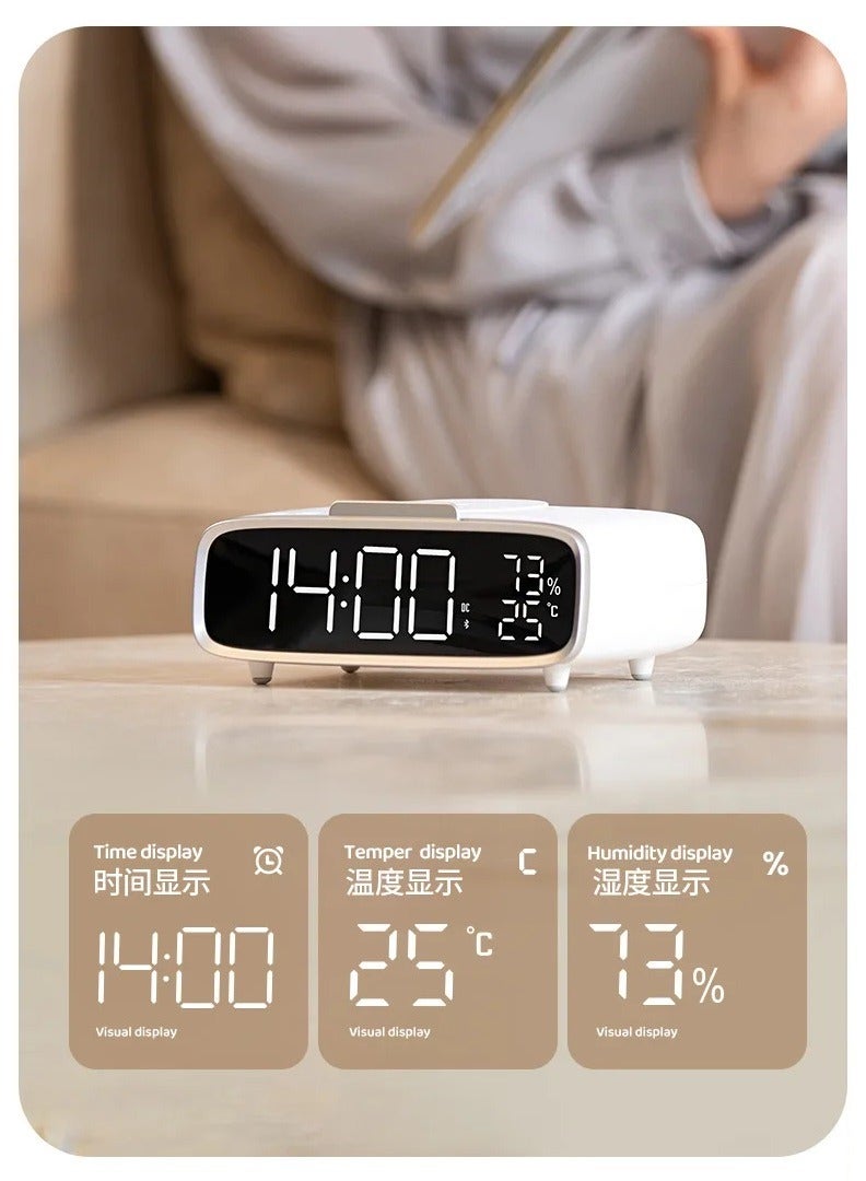 6 IN 1 Alarm Clock with USB Charging Port, Wireless Charging Station, Night Light Bluetooth Speaker, 3 Levels Brightness Digital Clock with Temperature, 12/24Hr, Snooze Alarm Clock for Bedroom  - Image 2