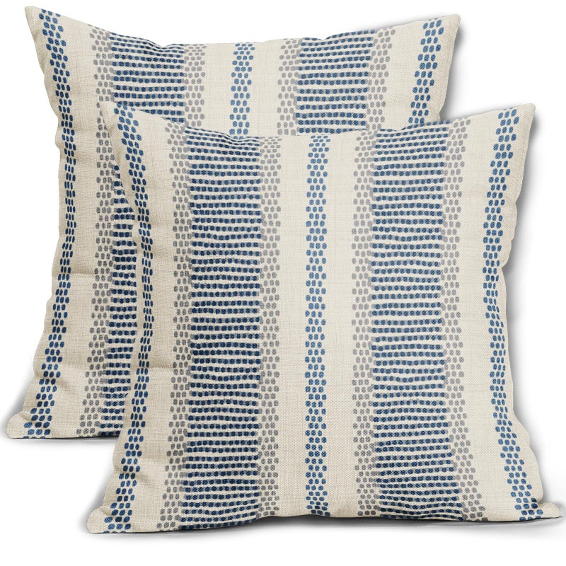 Aytipun Blue Pillow Covers 18x18 Set of 2 Gray Grey Dot Print Striped Decorative Outdoor Pillowcases Boho Rustic Farmhouse Decorative Throw Cushion Case Decor for Couch Sofa Bed - Image 1