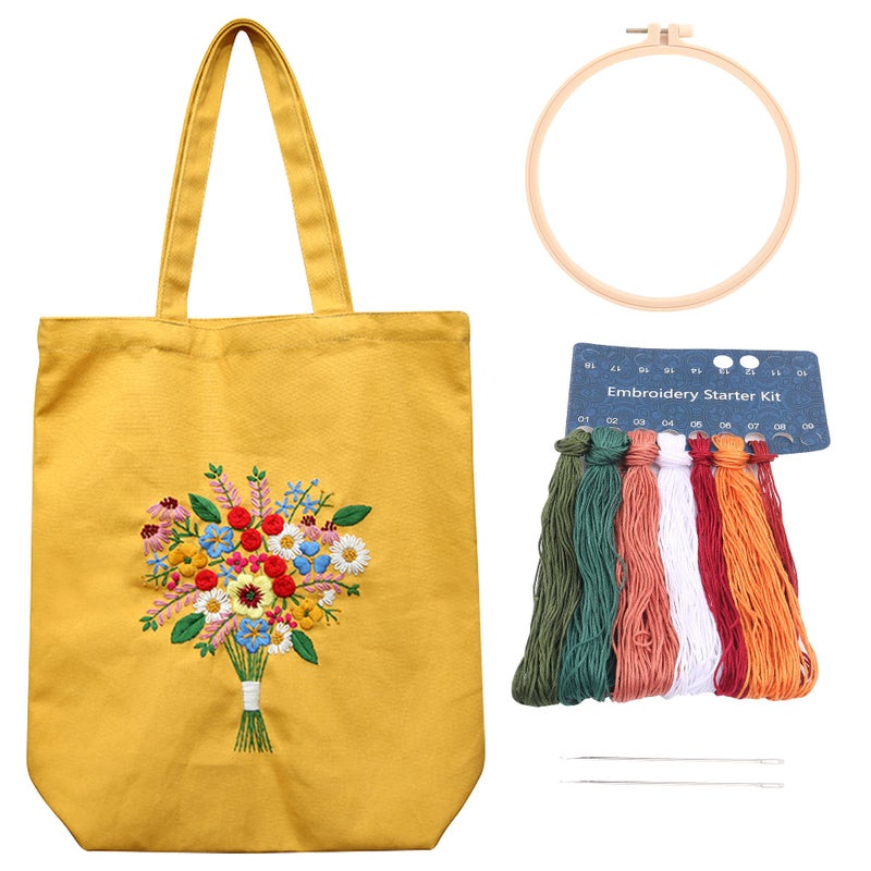 MAMUNU MAMUNU Canvas Tote Bag Embroidery Kit with Pattern for Beginners Arts and DIY Crafts Kits for Adults Include Instructions Embroidery Bag Embroidery Hoops Color Threads and Tool Yellow 
