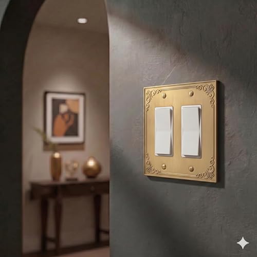 Rio Salto Rocker Light Switch Cover Plate 2 Gang Double Rocker Decorator Paddle GFCI Outlet Covers Brushed Brass Gold Metal — Palazzo Collection, Midsize 5.00" X 5.00" - Image 2
