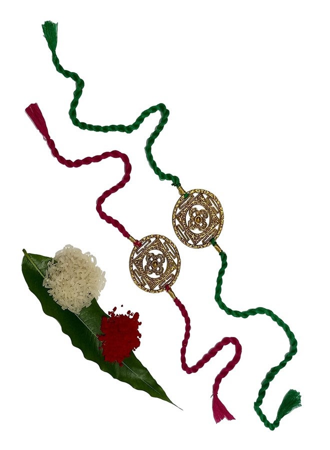 ATHZ Brass Dial Pink and Green Thread Rakhi Bracelet combo set of 2 For Bhaiya Star Shape Dial Boys Rakhi - Image 2