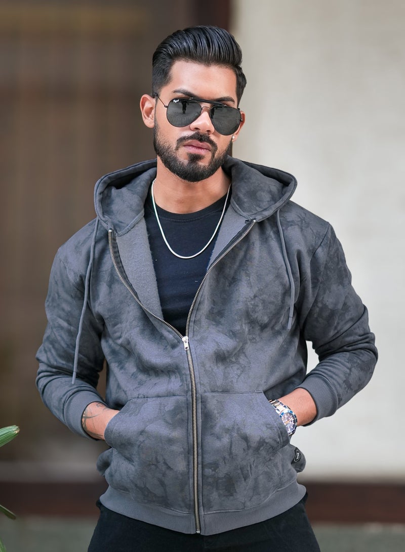 Maniac Mens Spatter Spray Printed Round Neck Zipper Full Sleeve Lite Grey Loopnet Sweatshirt - Image 1
