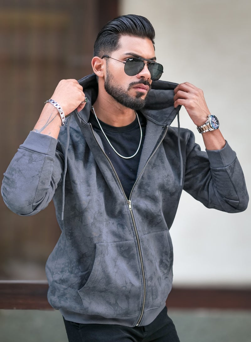 Maniac Mens Spatter Spray Printed Round Neck Zipper Full Sleeve Lite Grey Loopnet Sweatshirt - Image 2