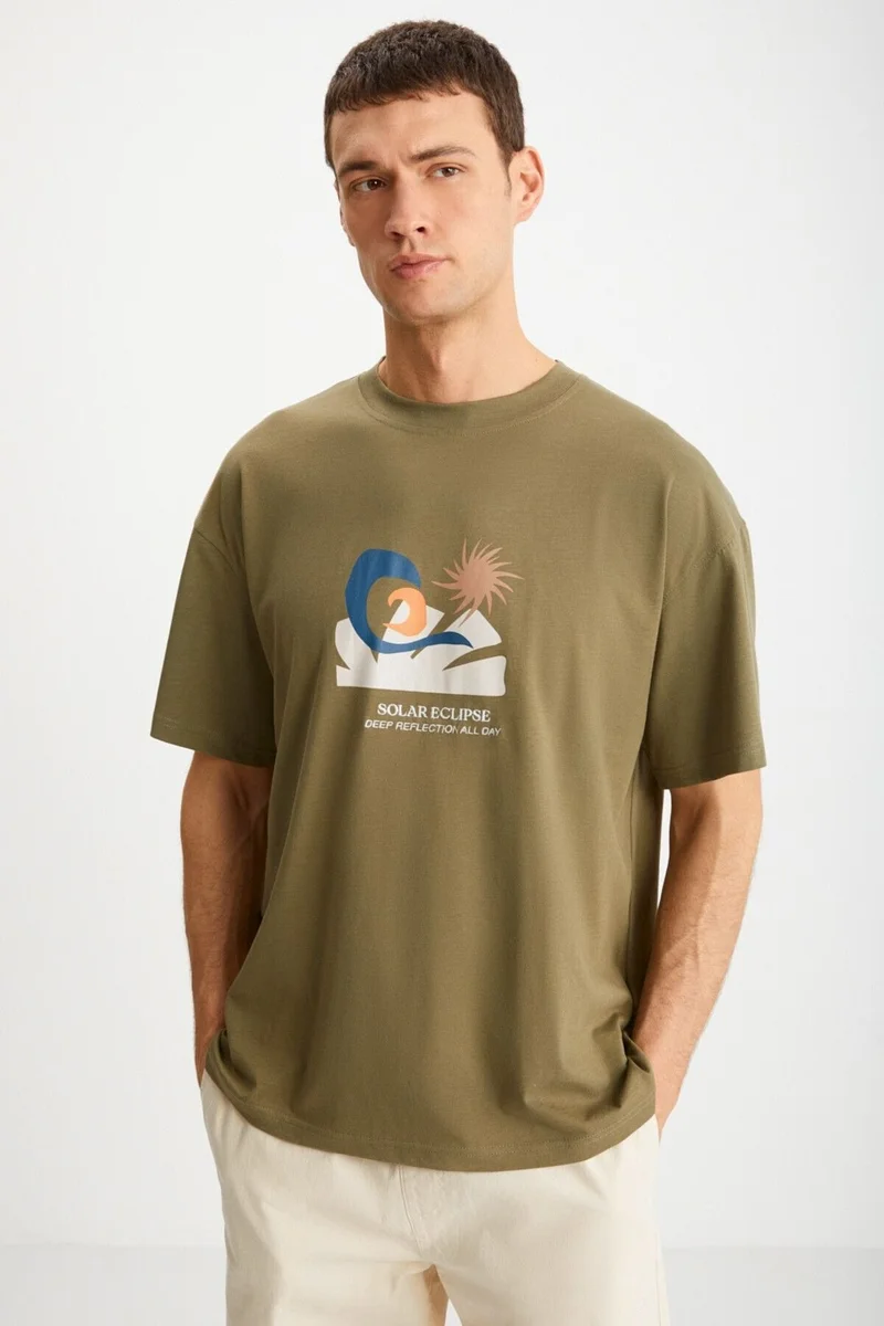 GRIMELANGE MITCHELL Men's 100% Cotton Printed Short Sleeve Regular Fit Khaki T-Shirt