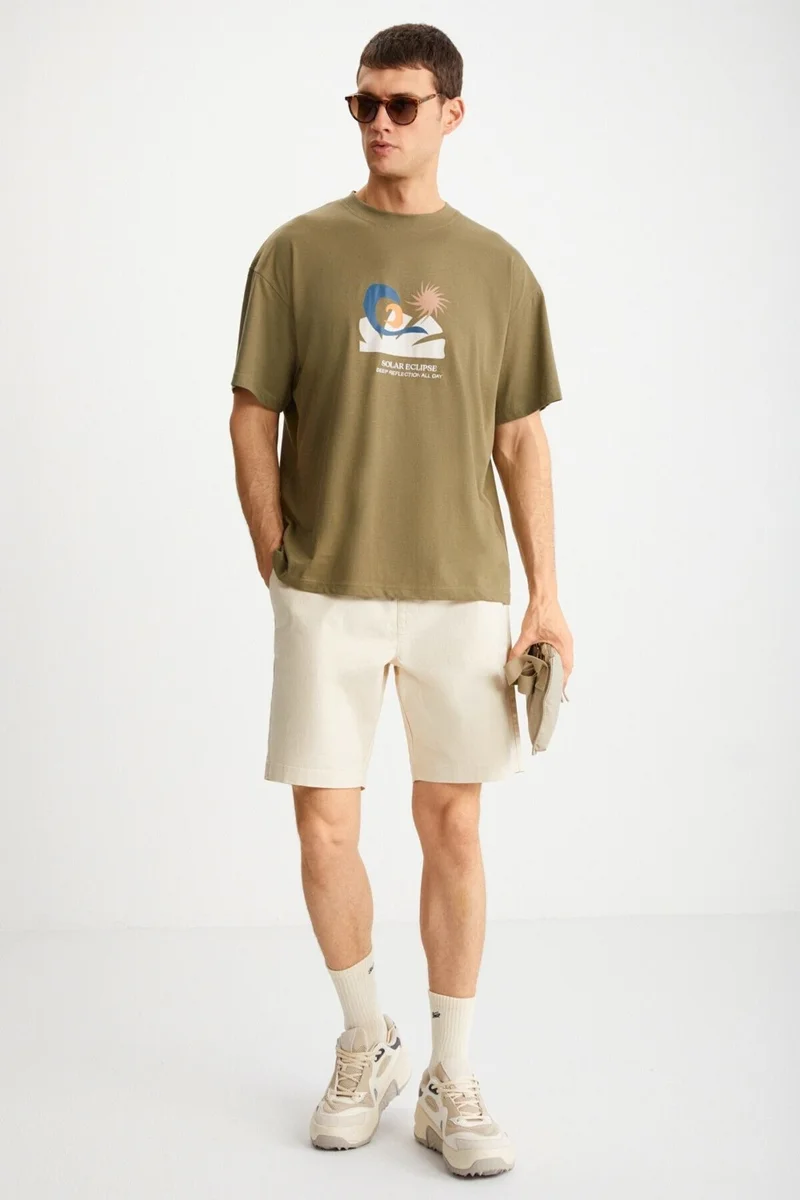 GRIMELANGE MITCHELL Men's 100% Cotton Printed Short Sleeve Regular Fit Khaki T-Shirt