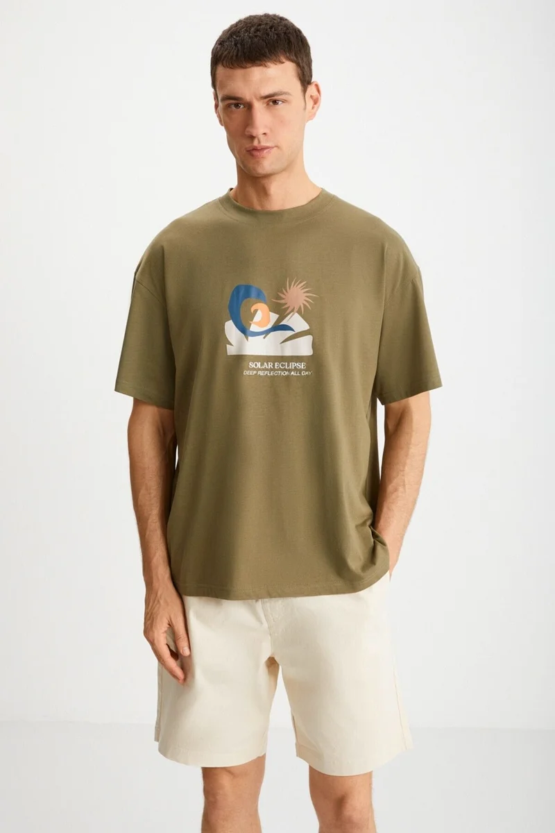 GRIMELANGE MITCHELL Men's 100% Cotton Printed Short Sleeve Regular Fit Khaki T-Shirt